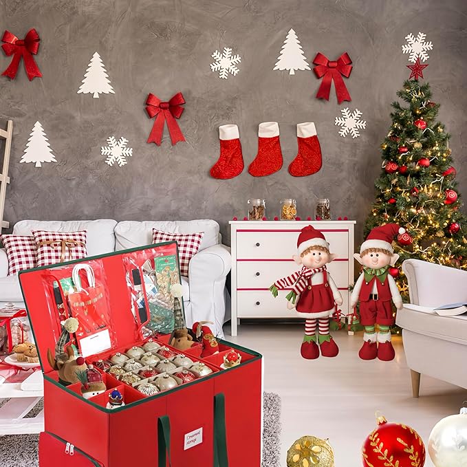 Premium 2-in-1 Large Christmas Ornament Storage Box & Xmas Figurine Container, Nutcracker Storage with Adjustable Dividers,5 Separate Trays Keep 73 Holiday Ornaments, 600D Tear-Proof Oxford, Foldable