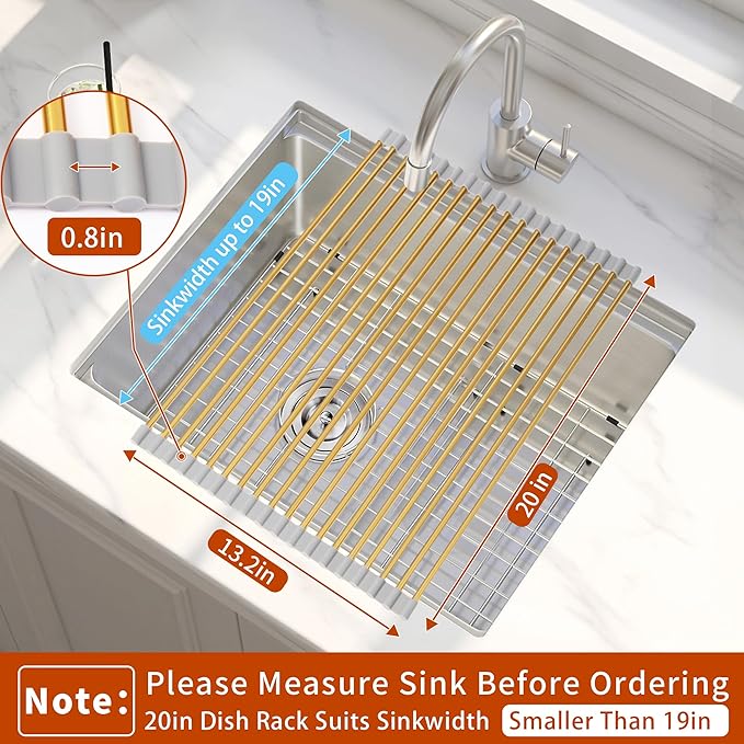 HAYAWEY Extra Large Golden Roll-UP Dish Drying Rack-Stainless Steel Dish Drainer Over The Sink for Kitchen Countertop,Applicable for Sink Width Less Than 19in (Gold,20.5'x 13.2')