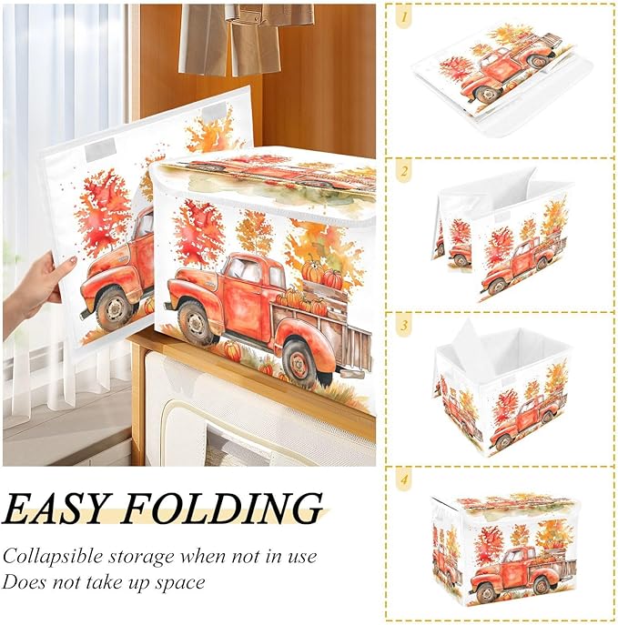 senya Thanksgiving Baskets Collapsible Storage Bins with Lids, Orange Truck Fall Harvest Storage Boxes Clothes Baskets for Organizing, B06D22020