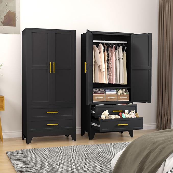 Metal Armoire Wardrobe Closet, 71 "Metal Clothing Storage Cabinet with Adjustable Shelves and Hanging Rod, Household Steel Wardrobe Storage Cabinet with Drawers (Armoire-Black)