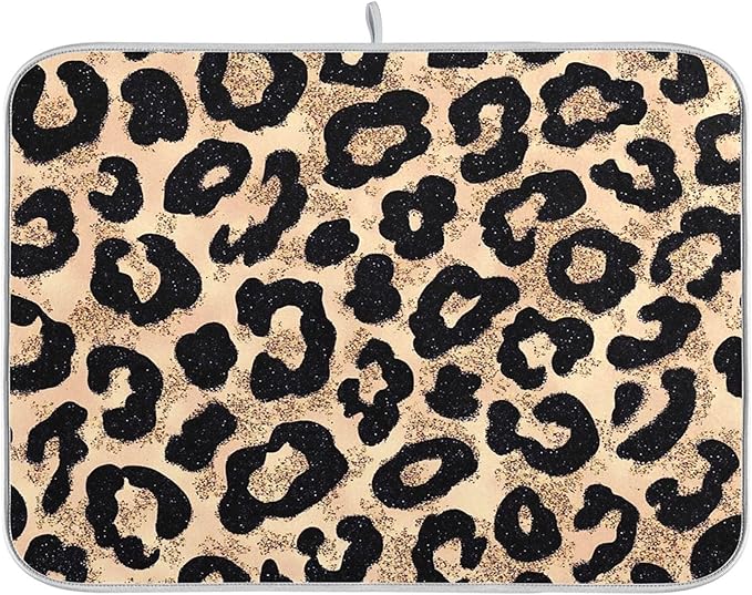 Cheetah Brown Gold Dish Drying Mat for Kitchen Countertop 18x24 Leopard Black Large Drying Mat Reusable Quick Dry Dish Sink Mats Easy Clean Decorative Essentials