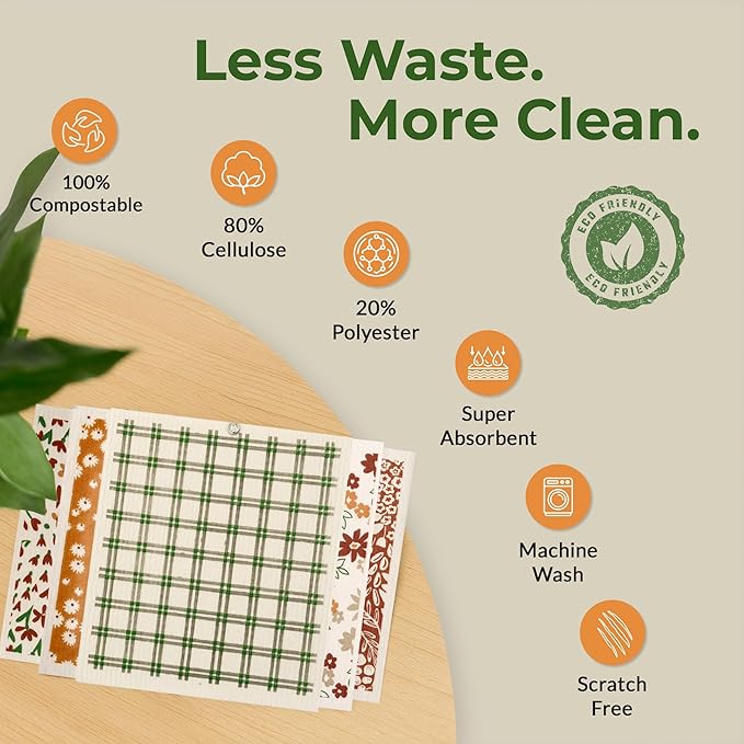 MosJos Swedish Dishcloths, Vintage Plant-Based Cellulose, 6.7x7.5 Inch, Super Absorbent, Multi-Surface, Machine Washable, Reusable, 5 Pack (Rust Green Burgundy)