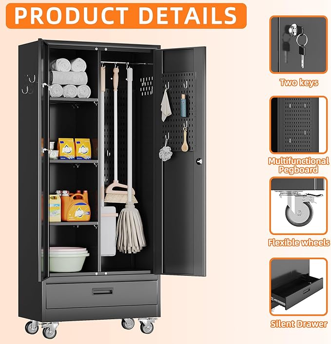 Broom Closet Storage Cabinet with Wheels and Drawer,Garage Storage Cabinet with Doors,Pegboard and Adjustable Shelves for Garage Home,Required Assembly,Black,15.75" D x 31.5" W x 70.83" H
