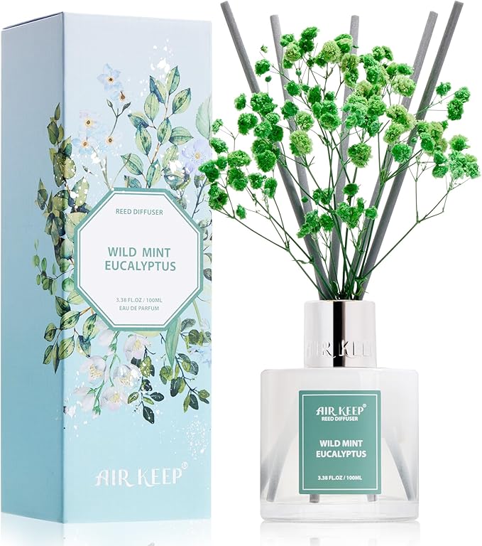 Airkeep Reed Diffuser Set,3.38 fl oz (100 ml) - Wild Mint&Eucalyptus Oil Diffusers with 8 Reed Sticks, Home Fragrance Reed Diffuser for Bathroom Shelf Decor