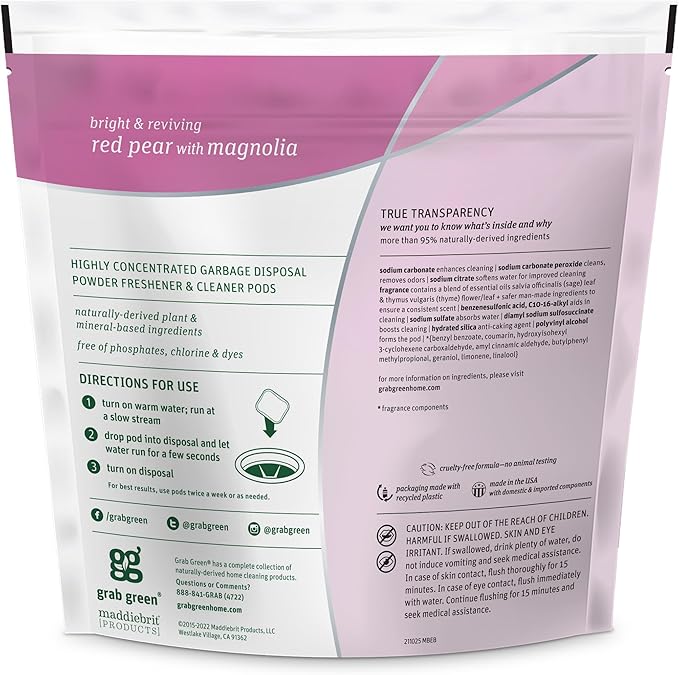 Grab Green Garbage Disposal Freshener and Cleaner Pods, 12 Count, Thyme with Fig Leaf Scent, Plant and Mineral Based, Removes Odors, Loosens Grime, Prevents Clogging