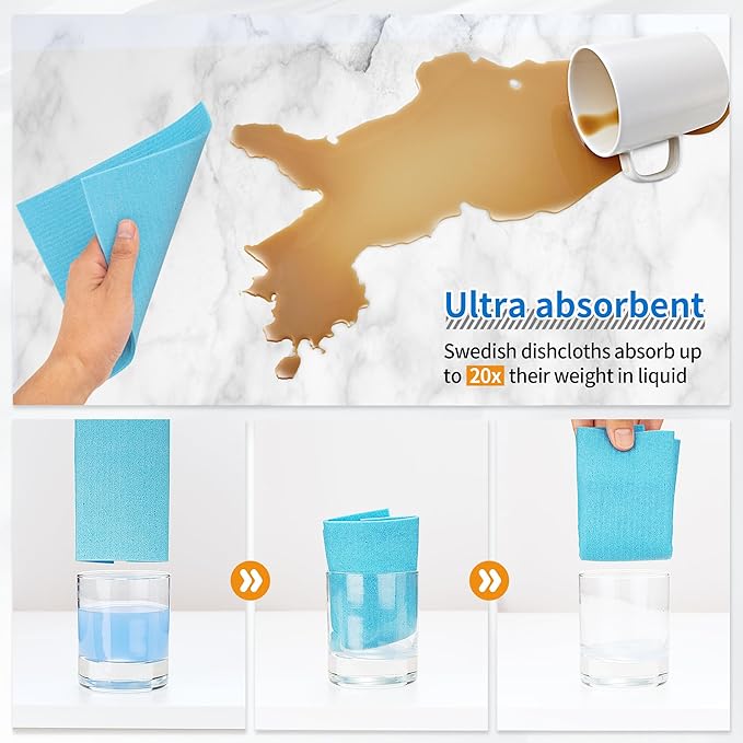 HOMERHYME Swedish Dishcloths, 10 Pack Kitchen Towels Dish Rags, Absorbent Swedish Dish Towels for Kitchen, Non-Scratch Cellulose Sponge Cloths, Biodegradable Washable Reusable Paper Towels, Blue