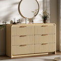 Fluted 6 Drawer Dresser, 47” Wide Wooden Storage Chest with Rounded Curved Corners and Gold Handles, Natural Oak Wood Dresser for Bedroom, Living Room, Hallway