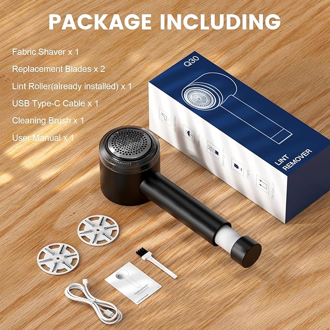 Lentorgi Fabric Shaver Electric Fuzz Remover, 2 in 1 Rechargeable Sweater Shaver with Lint Roller, Magnetic Cap, Digital Display, 2 Extra Blades, Defuzzer for Clothing Furniture Couch - Black