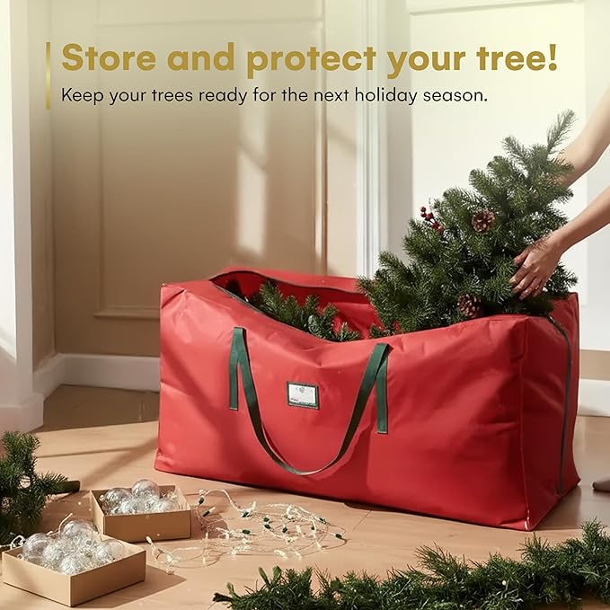 HOLIDAY SPIRIT Heavy Duty Christmas Tree Storage Bag - Waterproof 600D Oxford Canvas with Reinforced Handles and Dual Zipper for 9 Ft Tree, Red Christmas Tree Bag for Dust and Moisture Protection