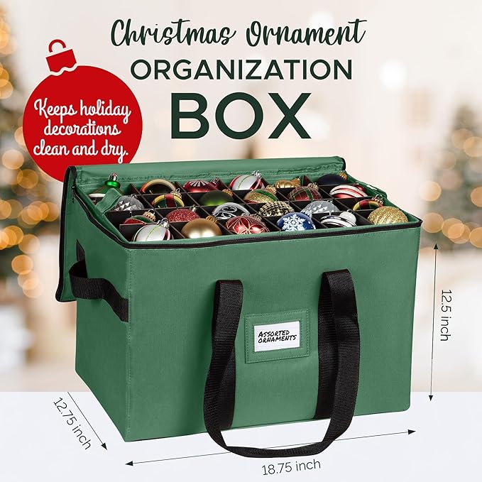 Christmas Ornament Storage Container,Box Stores Up to 96-3 inch ornaments, Adjustable Dividers, Large Organizer Bin to Protect and Store Holiday Décor - Green