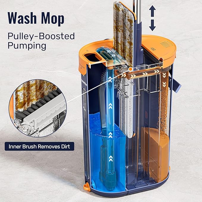 HoMettler Mop and Bucket Set with Wringer, 3-Tank Flat Mop and Bucket System, Wall Mop Cleaner with Long Handle, Hands Free Mops for Floor Cleaning with 4 Microfiber Pads