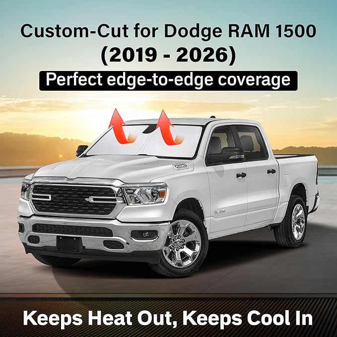 EcoNour Windshield Sun Shade Compatible for Dodge RAM 1500 2019–2026 | Pickup Truck Front Window Sunshade | Foldable 4-Layer Sun Visor Protector | UV & Heat Blocking | Keeps Cabin Cooler