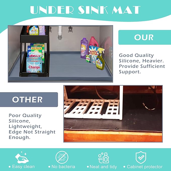 URMONA Waterproof Silicone Under Sink Mat 28'' x 22'' Shelf Liner for Kitchen and Bathroom, Cabinet and Counter Protector, Storage and Organizers, Litter Mat, Pet Cat Puppy Essentials(Khaki)