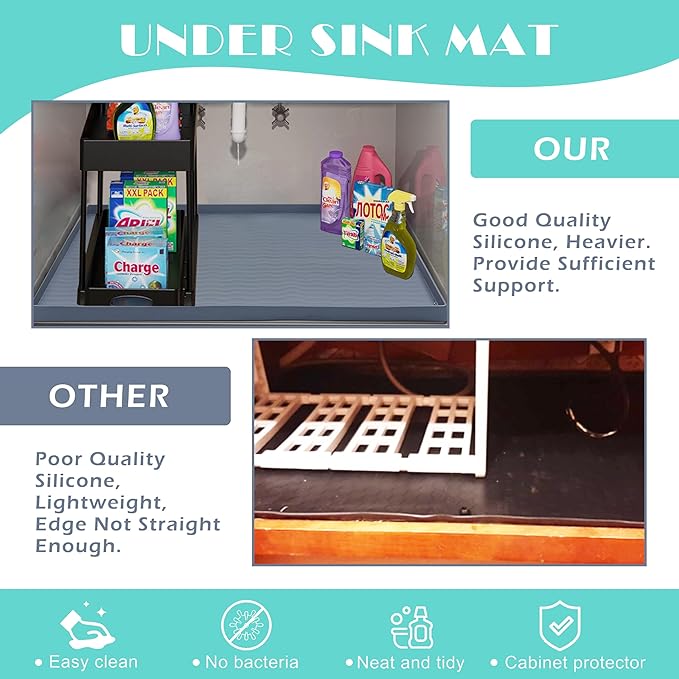 URMONA Waterproof Silicone Under Sink Mat 31'' x 22'' Shelf Liner for Kitchen and Bathroom, Cabinet and Counter Protector, Storage and Organizers, Litter Mat, Pet Cat Puppy Essentials(Green)