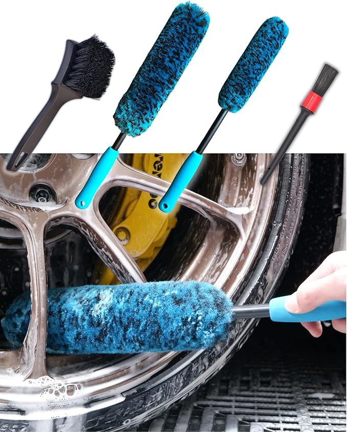 oesee PRO Choice 4 Pack Long Handle Wheel Brush Kit for Cleaning Wheel and Tire- 2X Soft Wheel Cleaning Brush, Detailing Brush and Stiff Tire Brush