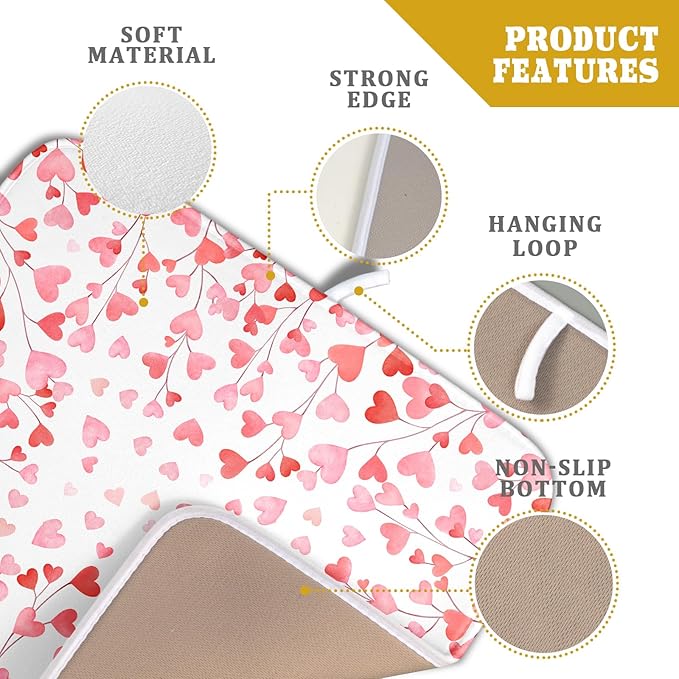 Valentines Day Dish Drying Mat for Kitchen Counter 18x16 Inch Love Drying Mat with Absorbent Reversible Microfiber Pink Heart Dish Drainer Mats Rack Pad for Coffee Countertop Protector