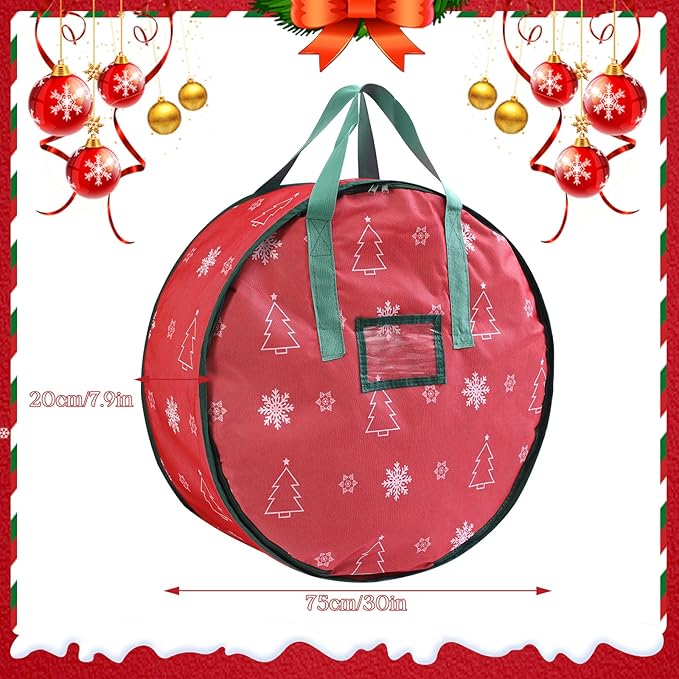 30 Inch Christmas Wreath Storage Bag, Wreath Storage Container with Carry Handles Zipper and Labeling Card Slot, Waterproof Garland Storage Container for Wreath Christmas Decoration, Red