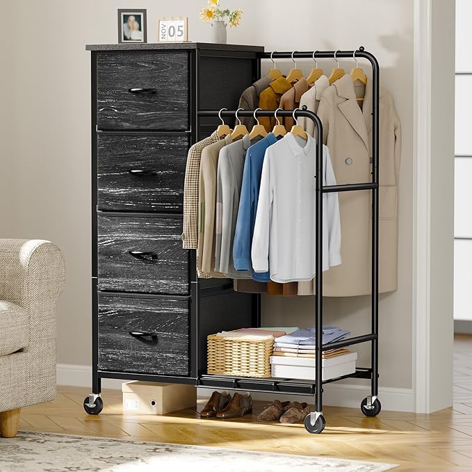 47.3" H Dresser with Hanging Rack, 4 Fabric Drawers with Double Clothes Rack & Wheels, Tall Closet Organizer Dresser for Bedroom, Entryway, Black, 15.8" D x 29.9" W x 47.3" H