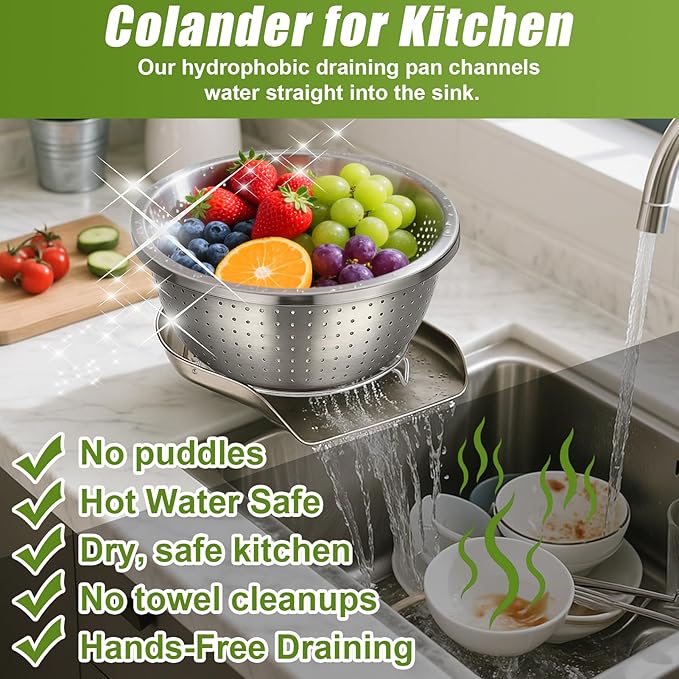 Palksky Stainless Steel Colander Set with Self-Draining Base, 3 Sizes Colanders & Food Strainers for Pasta, Rice, Fruits & Veggies, Metal Colander with Draining Plate for Sink or Countertop