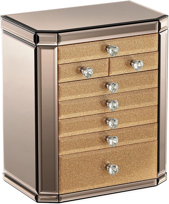 Large High End Glass Jewelry Box - 7 Layer Jewelry Organizer with Mirror, 2-Sided Doors, Velvet-Lined Storage for Rings, Necklaces, Earrings, Bracelets - Valentine's Day Gift for Women