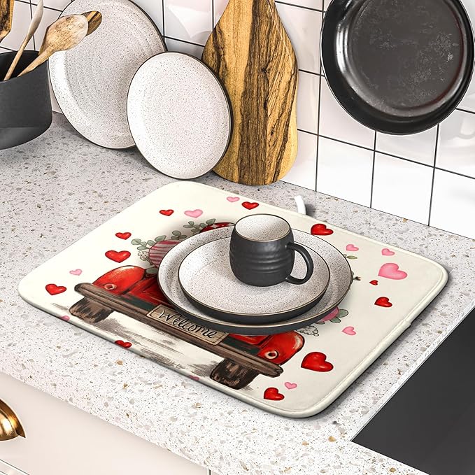 Valentines Day Red Truck Dish Drying Mat for Kitchen Counter 18x16 Inch Pink Heart Drying Mat with Absorbent Reversible Microfiber Love Dish Drainer Mats Rack Pad for Coffee Countertop Protector