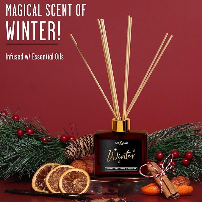 Winter Diffuser, Christmas Diffuser - w/Cinnamon, Clove & Orange I Infused w/Essential Oils I3.75 OZ Oil I Christmas Décor I Long-Lasting Scent Lasts 4-6 Month's I Made in The USA
