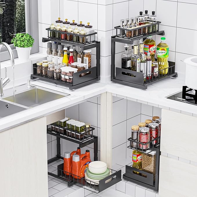 Toyear Under Sink Organizer, Heavy Duty Metal Pull Out Cabinet Organizer Slide Out Sink Shelf Organizer Height Adjustable, Multi-Purpose Storage Shelf for Kitchen Bathroom(Black,1Pack)
