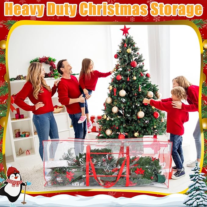 Sadnyy 4 Pcs Large Christmas Tree Storage Bag 9ft Plastic Waterproof Durable Heavy Duty Xmas Holiday Tree Containers Bag with Handles for Storing Santa Garland Holiday Ornament
