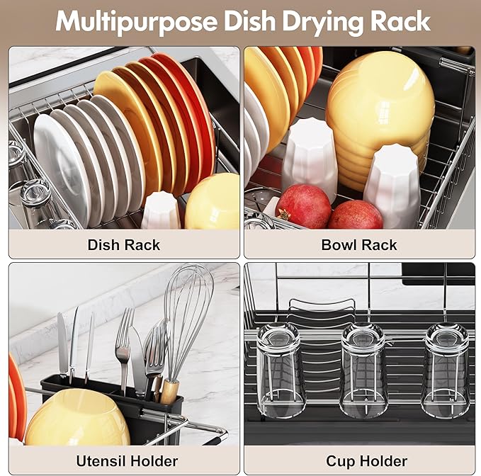 romision in Sink Dish Drying Rack, Stainless Steel Dish Drainers for Kitchen Sink, Use for Countertops & in Sinks & Over Sink, Compact Dish Dryer Racks with Utensil & Cup Holder, Sliver
