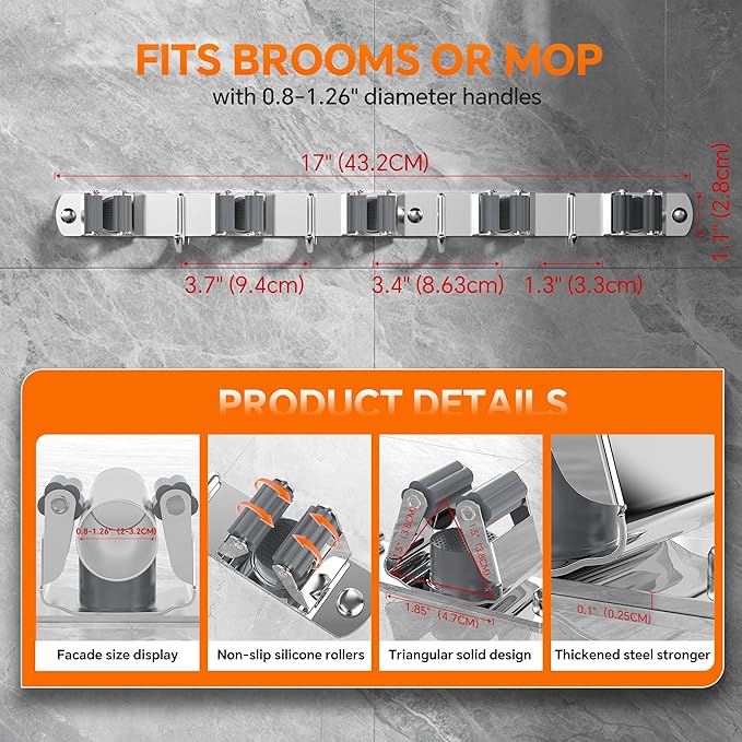 5 Grippers Broom Holder Wall Mount with 4 Hooks Stainless Steel Mop and Broom Organizer Self Adhesive or Screw Fixing for Garden Tool Rack Closet Laundry Room Kitchen Garage Storage Utility Hook