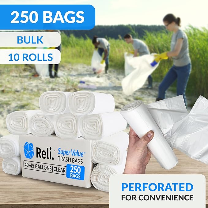 Reli. 40 to 45 Gallon Trash Bags Heavy Duty | 250 Trash Bags | Super Sizeable, Clear, Garbage for Serious Cleanup