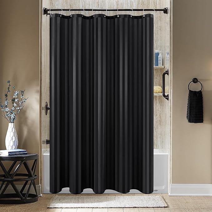 Biscaynebay Fabric Shower Curtain or Liner 72" by 72", Black Water Repellent Damask Stripes Bathroom Curtains Machine Washable