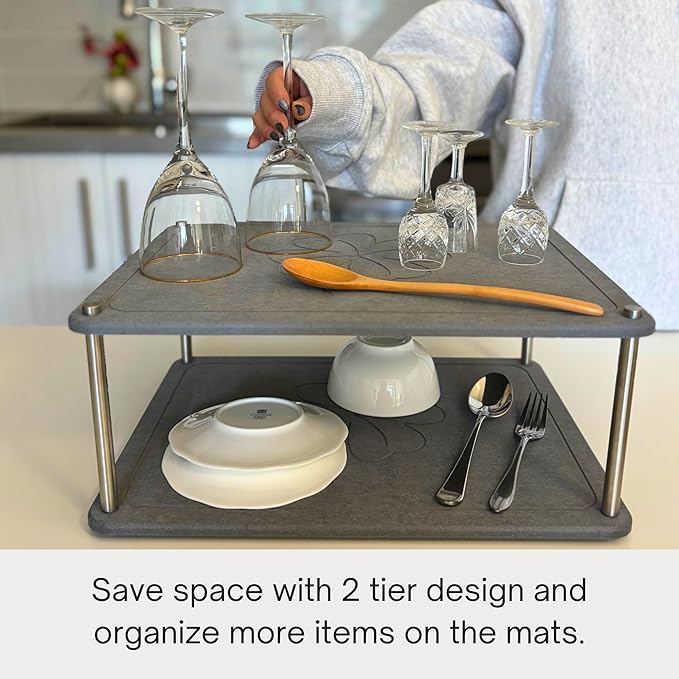 GRUZAM 2 Pcs Stone Dish Drying Mat, 2 Tier Dish Drying Stone for Kitchen Counter with Absorbent Dish Drying Mat, Stone Dish Drying Rack, Flexible Stone drying rack (Slate, 15.6" x 11.7" x 6.7")