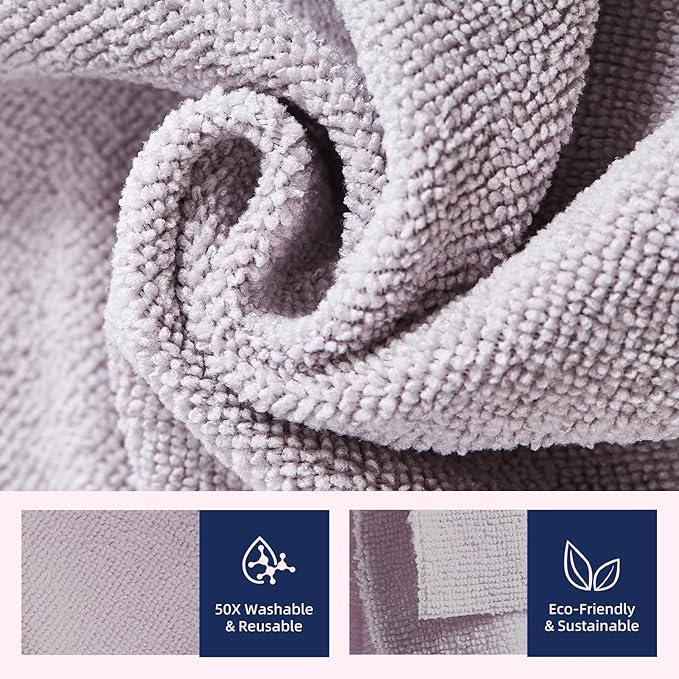 & PLUSH Microfiber Cleaning Cloth Roll - 70 Pack, Tear Away Microfiber Towels, 12" x 12", Reusable, Washable, Streak Free, Ultra Absorbent Dish Rags for Car, Home, Garage or Shop (Grey and Pink)