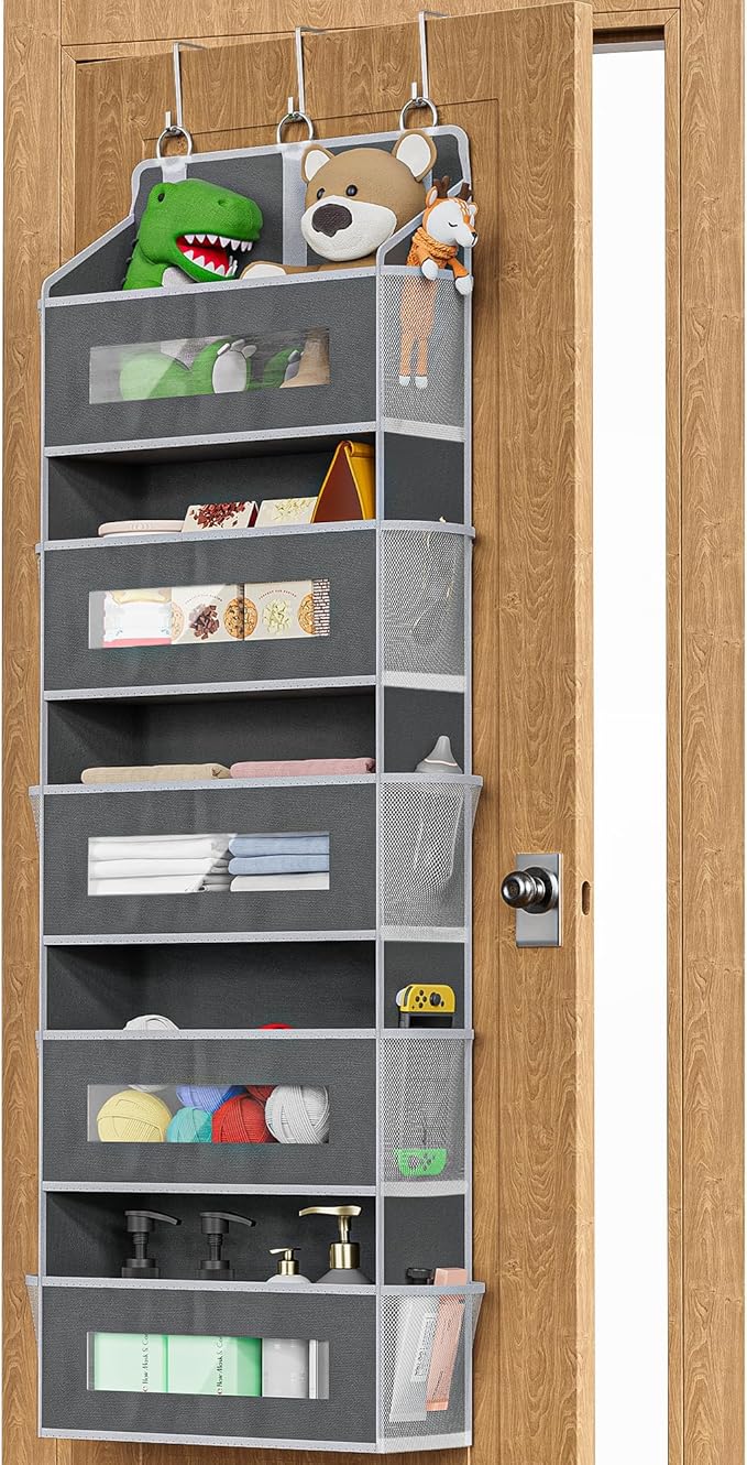 XyVoltic 5-Tier Over The Door Storage Organizer with 10 Side Mesh Pockets, 48 lbs Load Capacity, 3 Hooks Design, Door Hanging Organizer with Clear Windows for Bathroom, Bedroom, Nursery, Kitchen-Grey