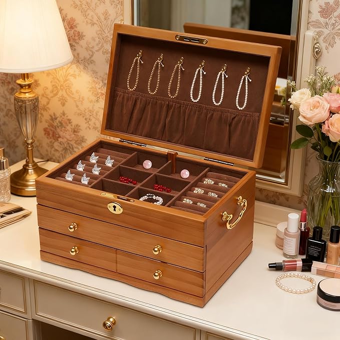 3-Layer Jewelry Organizer with 2 Drawers Wooden Jewelry Box Organizer Display Storage Case with Hook and Lock for Women Necklace Ring Storage