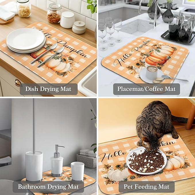 Quick Absorbent Kitchen Drying Mat - Stylish Patterns Fall Dish Drying Mat- 16×18 Inch & 18×24 Inch Pumpkin Kitchen Drainer Mat for Countertops, Dishes & Glassware
