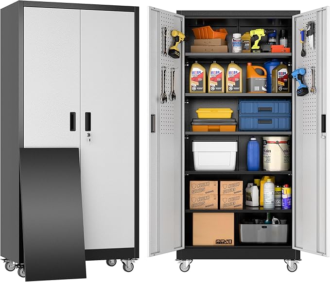 71" H×34" W×18" D Garage Storage Cabinet with Wheels, Lockable Metal Storage Cabinet with 5 Adjustable Shelves for Garage Warehouse Office Utility Room,Required Assembly,Black and Silver