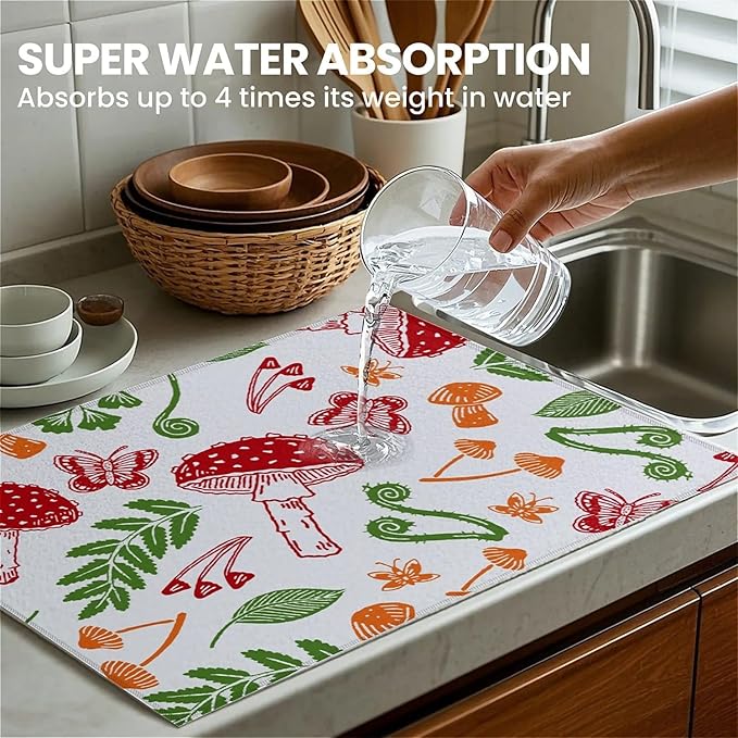 Dish Drying Mat For Kitchen Counter, Red Mushroom Microfiber Absorbent Dish Drainer Rack Pad Reusable Large 18x24in Drying Mat
