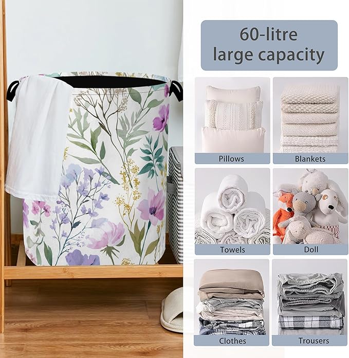 Wildflower Plant Laundry Basket,Botanical Oxford Cloth Laundry Hamper with Handle Foldable Portable Clothes Storage Basket for Bathroom Bedroom Dorm Room 16" x 20.8"