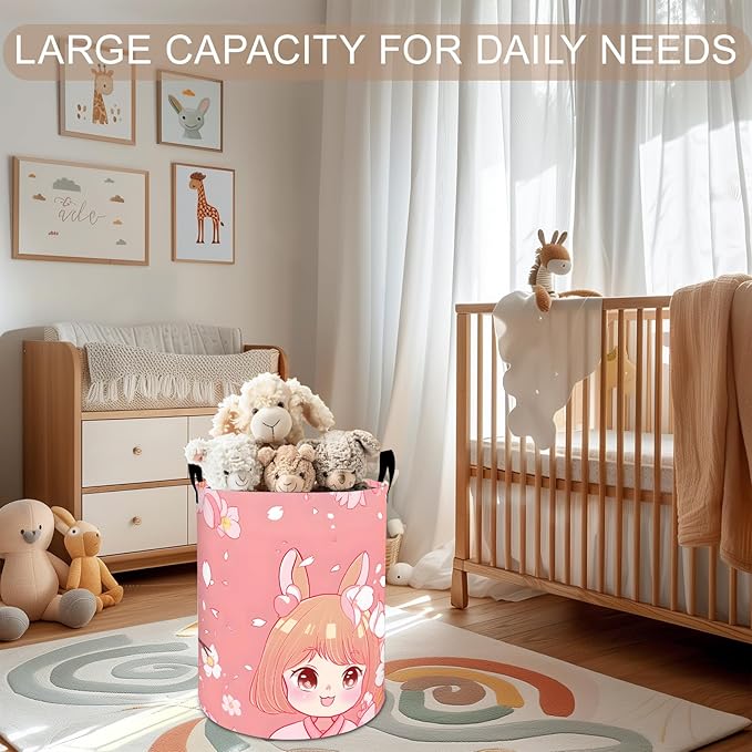 Anime Girl Laundry Basket Hamper 19.7"x15.8", Cherry Blossom Foldable Waterproof Oxford Clothes Storage Bucket for Room Bathroom Bedroom Nursery Decor, Toy Organizer Bins Gifts for Kids Boys Girls