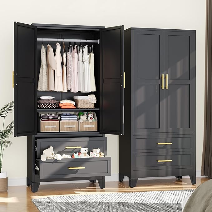 Metal Armoire Wardrobe Closet, 71 "Metal Clothing Storage Cabinet with Adjustable Shelves and Hanging Rod, Household Steel Wardrobe Storage Cabinet with Drawers (Armoire-Black)