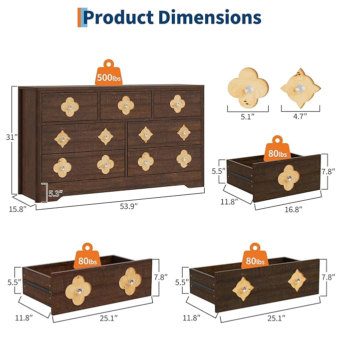 Garvee Dresser for Bedroom with 7 Decorative Front Drawers, 54'' Wide Chest of Drawers with Large Clothes Storage Cabinet, Wood Bedroom Dresser, TV Stand for Nursery, Living Room, Hallway, Brown