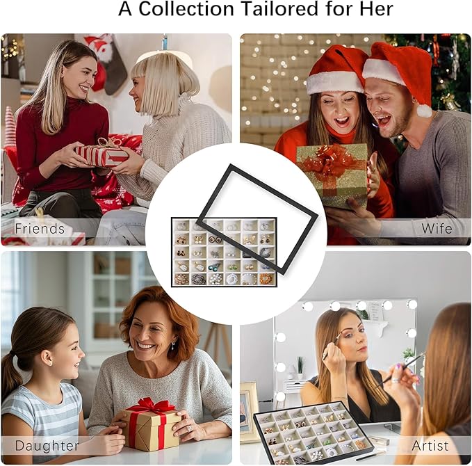 Wudygirl Jewelry Organizer 30 Grid Jewelry Tray with Lid Earring Holder Organizer for Women Ring Earring Bracelet Holder Storage (Pu Black Beige)