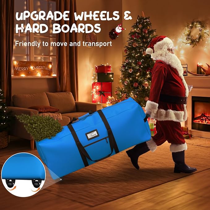 Mrrihand Christmas Tree Storage Bag, Large Artificial Anti-Tear Heavy-Duty 600D Oxford Cloth Xmax Christmas Tree Storage Box with Rolling Wheels, Christmas Tree Storage Container (Bright Blue, 9Ft)