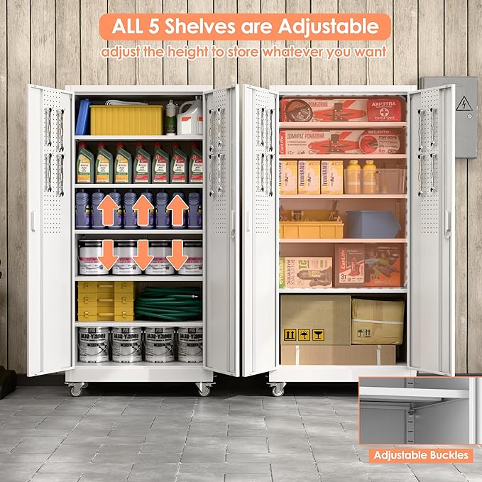 Metal Storage Cabinet with Pegboard,71" H Gargage Storage Cabinet with Whees,Doors and Shelves for Garage,Home Office,Required Assembly,White