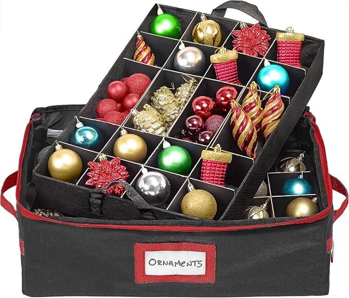 HOLDN’ STORAGE Christmas Ornament Storage Box with Dividers - Fits 48-3” Ornaments, 2 Removable Trays, Durable & Space-Saving, Clear Top Lid, Fits Underbed, Charcoal