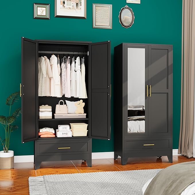 71" H Metal Armoire Wardrobe Closet with Mirror,Household Steel Wardrobe Cabinet with Drawers,Clothing Storage Armoire Cabinet with Adjustable Shelves and Hanging Rod for Bedroom（Black）