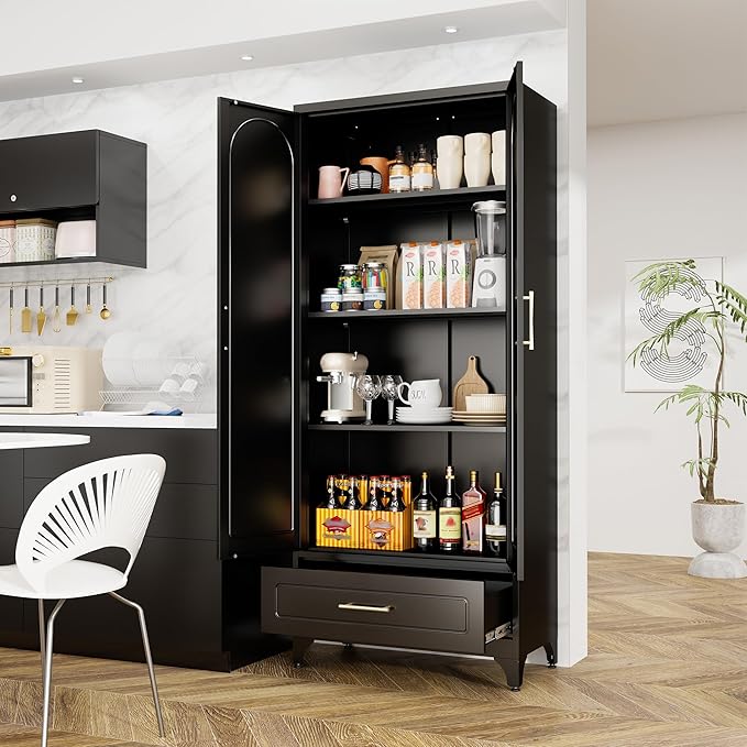 Metal Storage Cabinet with Doors and Shelves, 75" Tall Kitchen Pantry Storage Cabinets with Drawer, Black Pantry Cabinet, Steel Office Cabinets, Large Cupboard- Assembly Required
