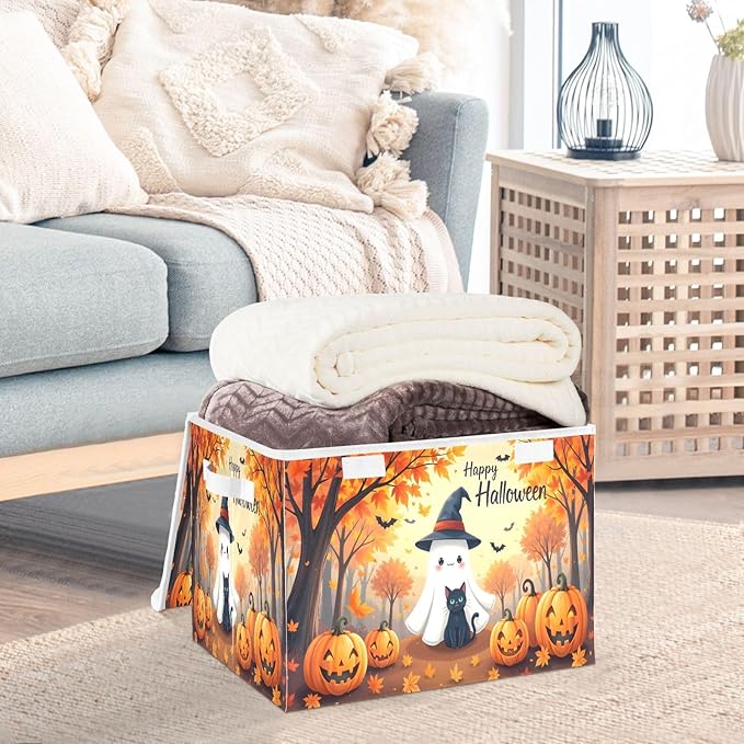 Bolaz Storage Bins with Lids and Handles,Maple Leaves Ghost Pumpkin Storage Box Basket with Cover Collapsible Organizer Containers for Home Closet, Shelves